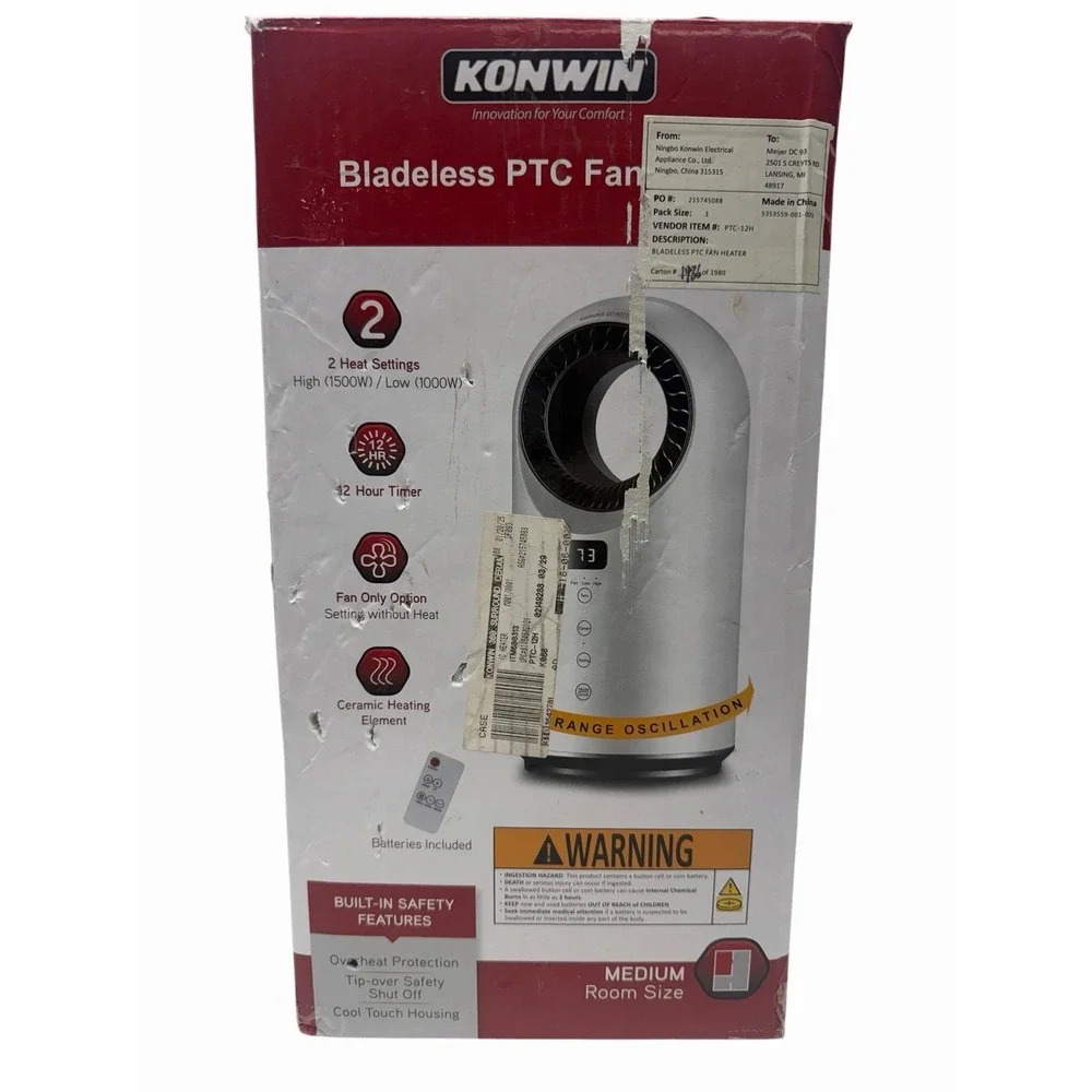Konwin PTC-12H Bladeless Ceramic Fan Heater 1500W Oscillating Open Box w/ Remote